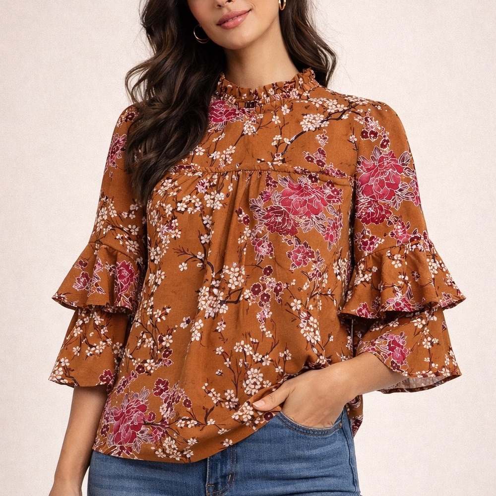 MONTEAU High Neck Floral Top with Bell Sleeves Small